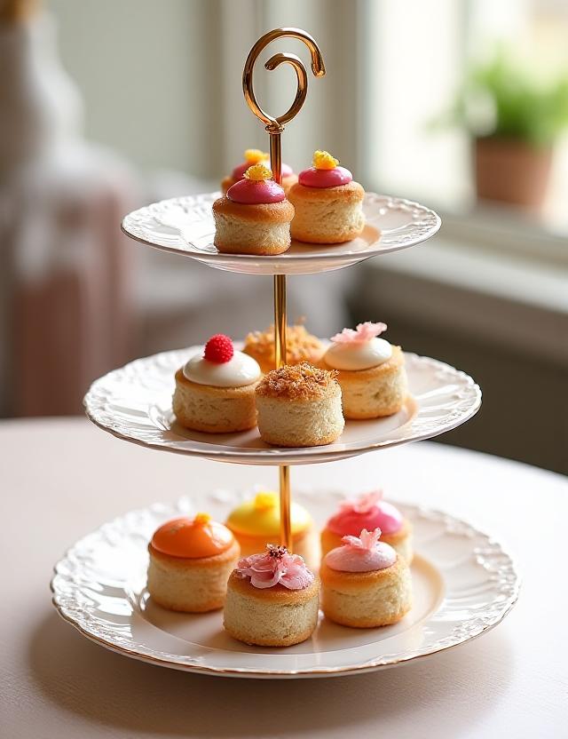 Triple tiered afternoon tea stand with sweets and finger sandwiches