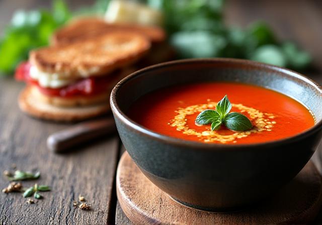 A platter of gourmet sandwiches and a steaming bowl of soup