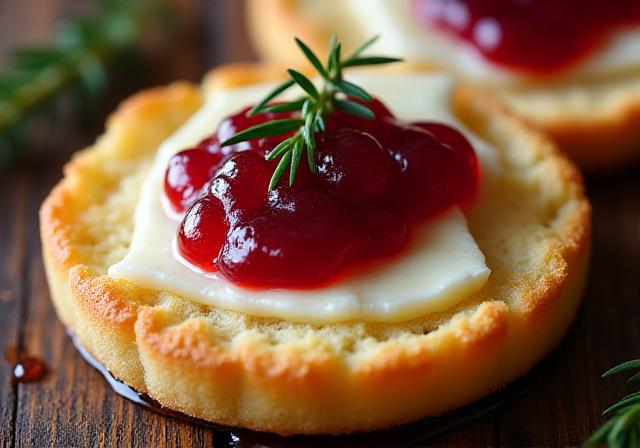 Artisanal crumpets with melted brie and cranberry topping