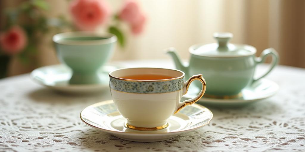 Close up of a vintage tea set on a lace tablecloth representing care and tradition