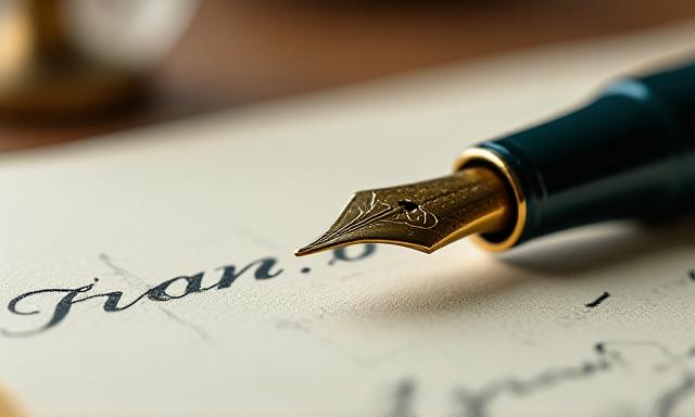 Close-up of a vintage fountain pen and high-quality stationary on a marble table